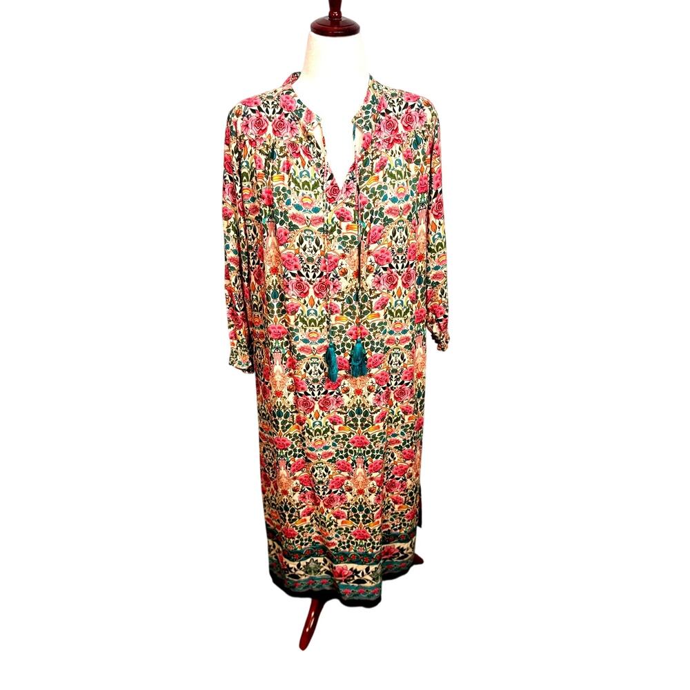 Natural Life Dara maxi dress long poet sleeve open neck tassels floral flowy XS